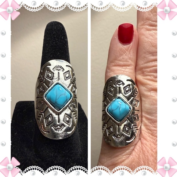 Jewelry - Ring - size 6.25 - silver tone stainless steel with light blue marbled stone
